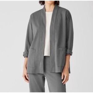 Eileen Fisher Cardigan Kimono Gray Open Front Pockets Large Quiet Luxury Minimal